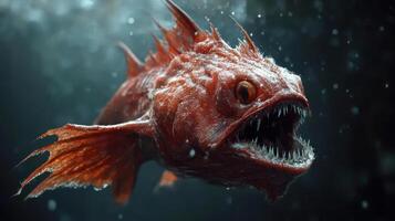 A fearsome fish with sharp teeth and red skin photo