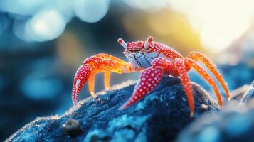 Red crab with white dots on a rock photo