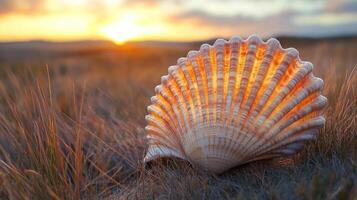 A large shell in a field during sunset photo