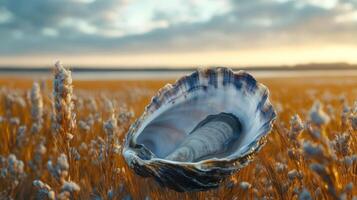 A serene sunset scene with an oyster shell in a field. photo