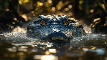 A close-up of a crocodile's face in water photo