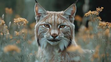 A close-up shot of a lynx in a grassy field photo