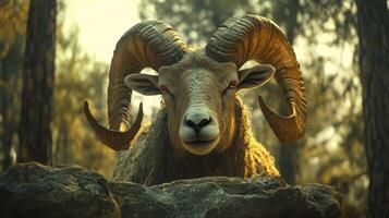 A close-up of a ram's head in a forest setting photo