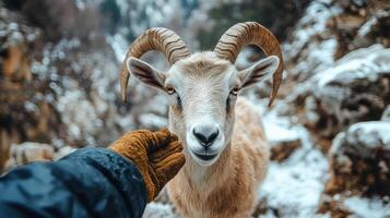 A person interacting with a goat in snowy conditions. photo