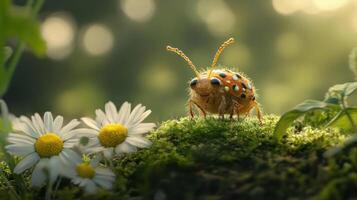 A small orange insect with black and white spots on its back is sitting on a patch of green moss next to two daisies. photo