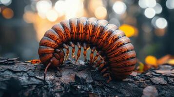 A close-up of a giant insect with centipede-like features on tree bark. photo