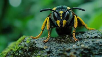 Close-up of a large black and yellow bee photo