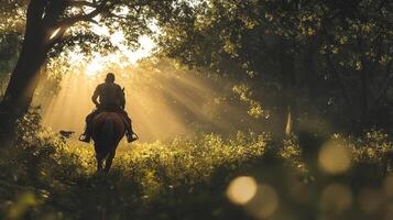 A person riding a horse through a forest photo