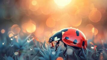 Close-up of a ladybug on grass with bokeh effect photo