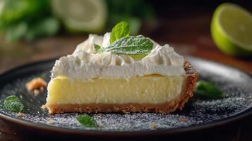 A slice of key lime pie on a black plate photo