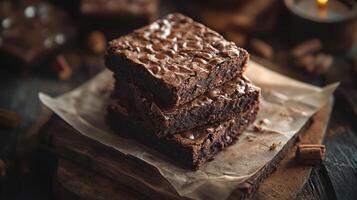 Stack of brownies with chocolate chips on top photo