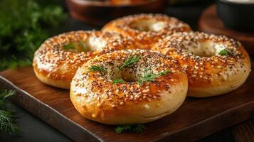 Bagel with sesame seeds and poppy seeds on a plate. photo