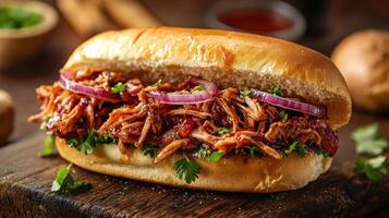 Pulled pork sandwich with red onion and parsley photo