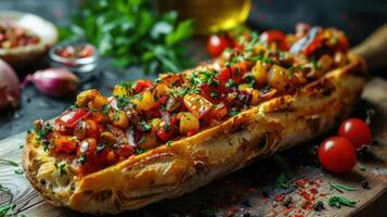 A delicious-looking bread with stuffing and tomatoes. photo