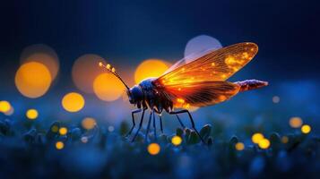 Macro shot of a firefly with glowing abdomen on grass photo