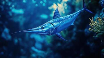 A large fish with a long bill and sharp teeth. photo