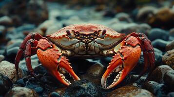 A close-up of a red crab on rocks. photo