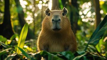A capybara in the forest, looking directly at the camera. photo