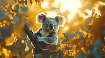 A koala in a tree, looking at the camera with curiosity photo
