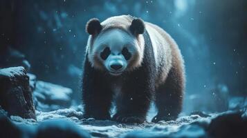 A close-up of a panda's face in a natural setting photo