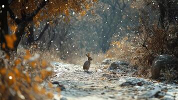 A rabbit sits alone in a forest on a snowy day. photo