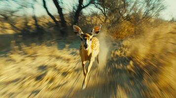 Deer in motion, running through a field photo