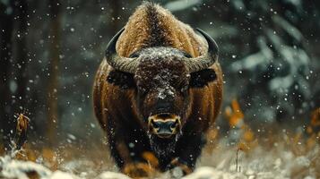 Bison in winter landscape with snow and trees photo