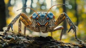 A close up of a grasshopper with its eyes open photo