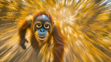 A baby orangutan running towards the camera with a wide smile. photo