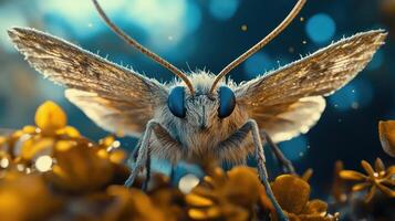 A close-up of a moth with large eyes and fuzzy wings photo
