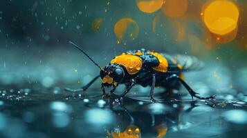 A close-up of a beetle on wet ground photo