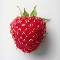 A large raspberry with green leaves. photo