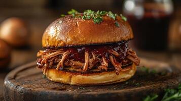A pulled pork sandwich on a bun with barbecue sauce. photo