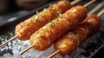 Corn dogs on skewers with green garnish photo