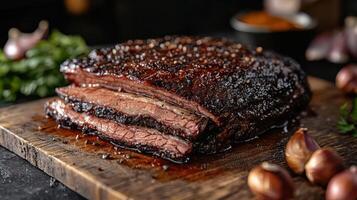 close-up of a smoked brisket with a dark crust on top photo