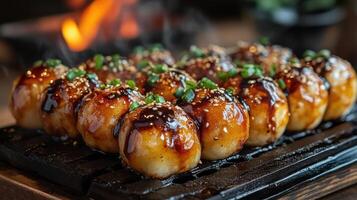 Japanese food, round balls with sauce and sesame seeds on top photo