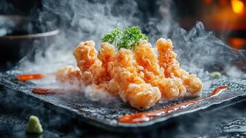 Delicious tempura shrimp served with a savory sauce and garnished with fresh parsley. photo