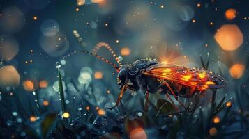 A large beetle with glowing wings standing on grass photo