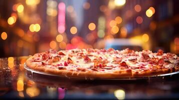 A whole pizza on a table with lights in background. photo