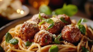 A plate of spaghetti topped with meatballs and basil photo