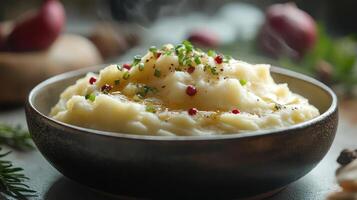 Bowl of mashed potatoes with herbs and spices photo