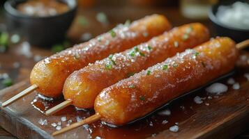 Three corndogs on a wooden board with salt and chives photo