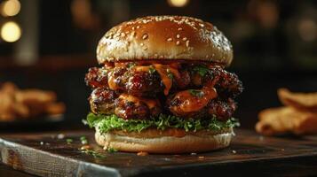 Close-up of a juicy burger on a wooden table photo