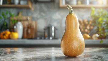 A single squash sits on a shiny marble surface. photo