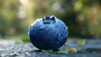 Close-up of a blueberry with water droplets on it. photo