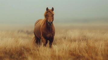A brown horse running through tall grass. photo