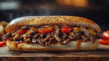 A close-up view of a steak sandwich with peppers and cheese on a bun photo