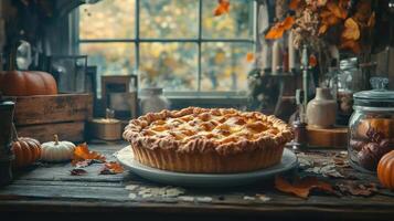 A Pumpkin Pie on a Table Surrounded by Autumn Decorations. photo