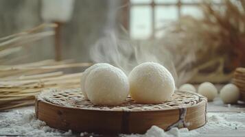 Asian Steamed Bun with Flour and Bamboo photo