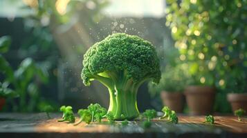 A large broccoli floret with many smaller ones scattered around it photo